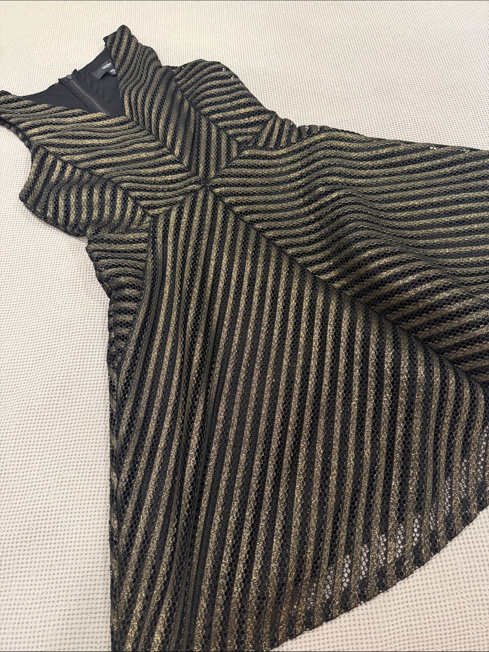 Moschino Black and Gold Striped V-Neck Fit & Flare Mini Dress